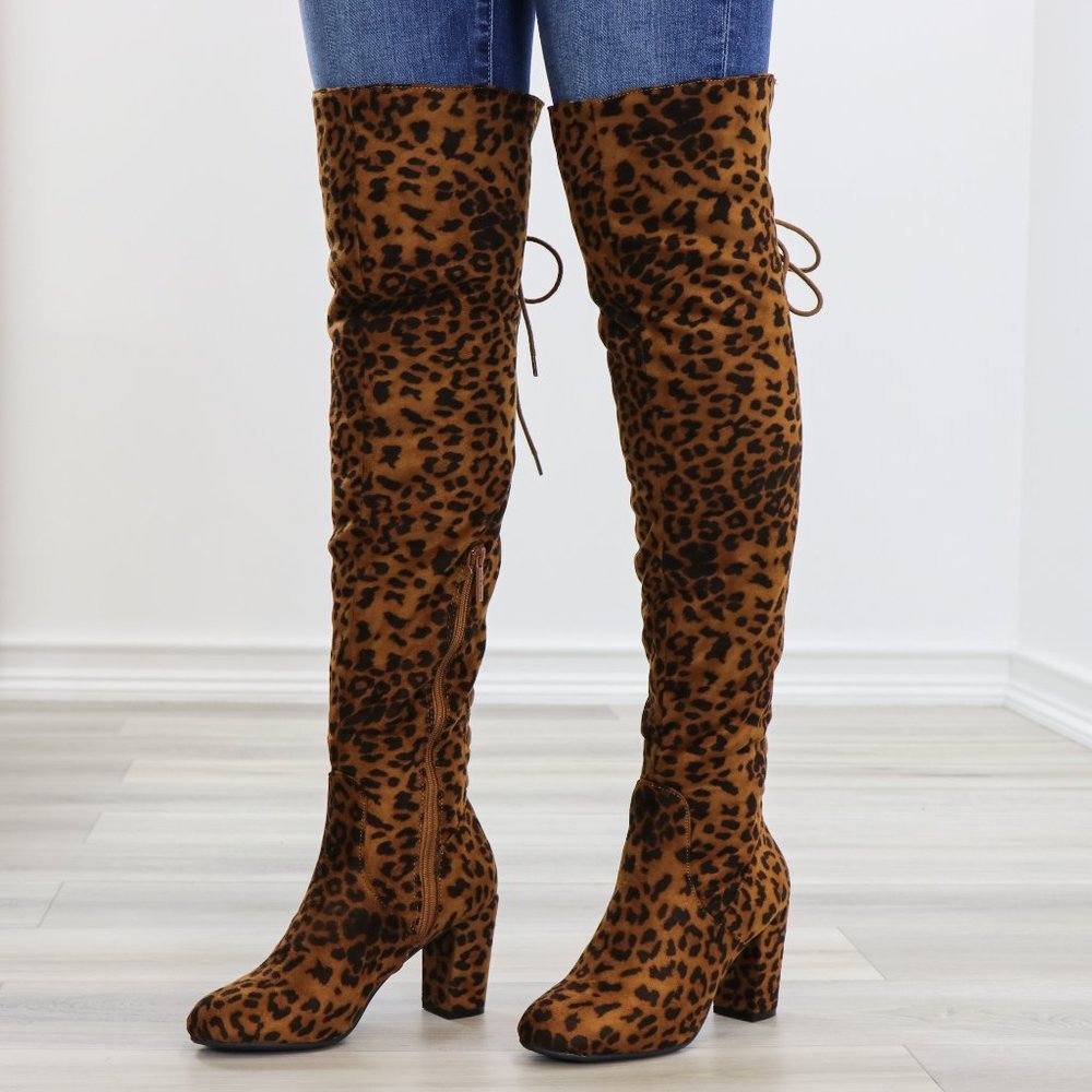 Suede Leopard Thigh High Heeled Boots Back Laces - Picture 6 of 15